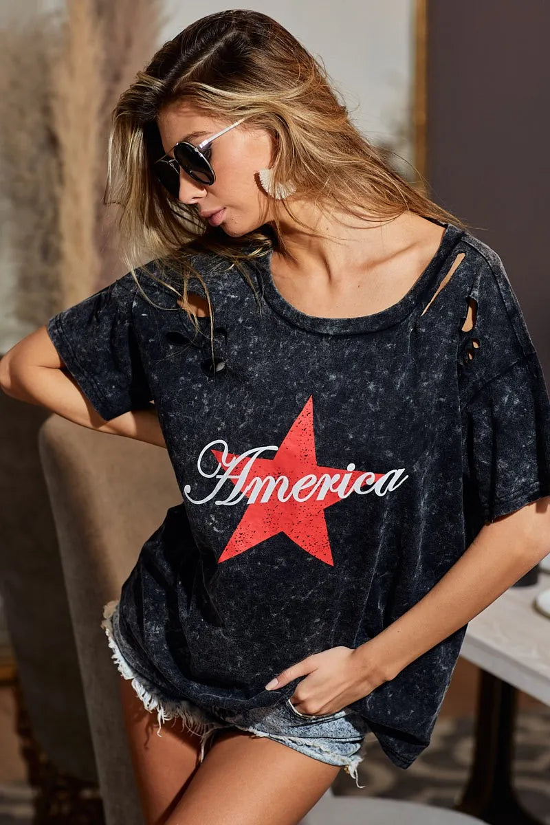 BiBi Laser Cut Mineral Washed Jersey Top with America - Love Salve